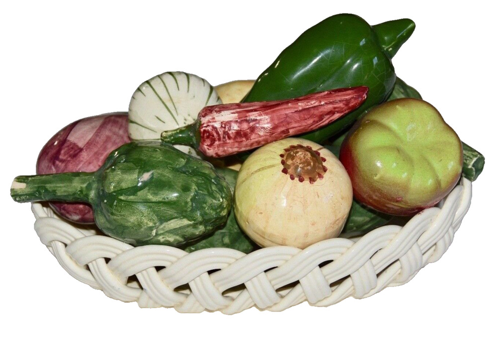 Majolica Large Art Pottery Basket Weave Centerpiece with Vegetables